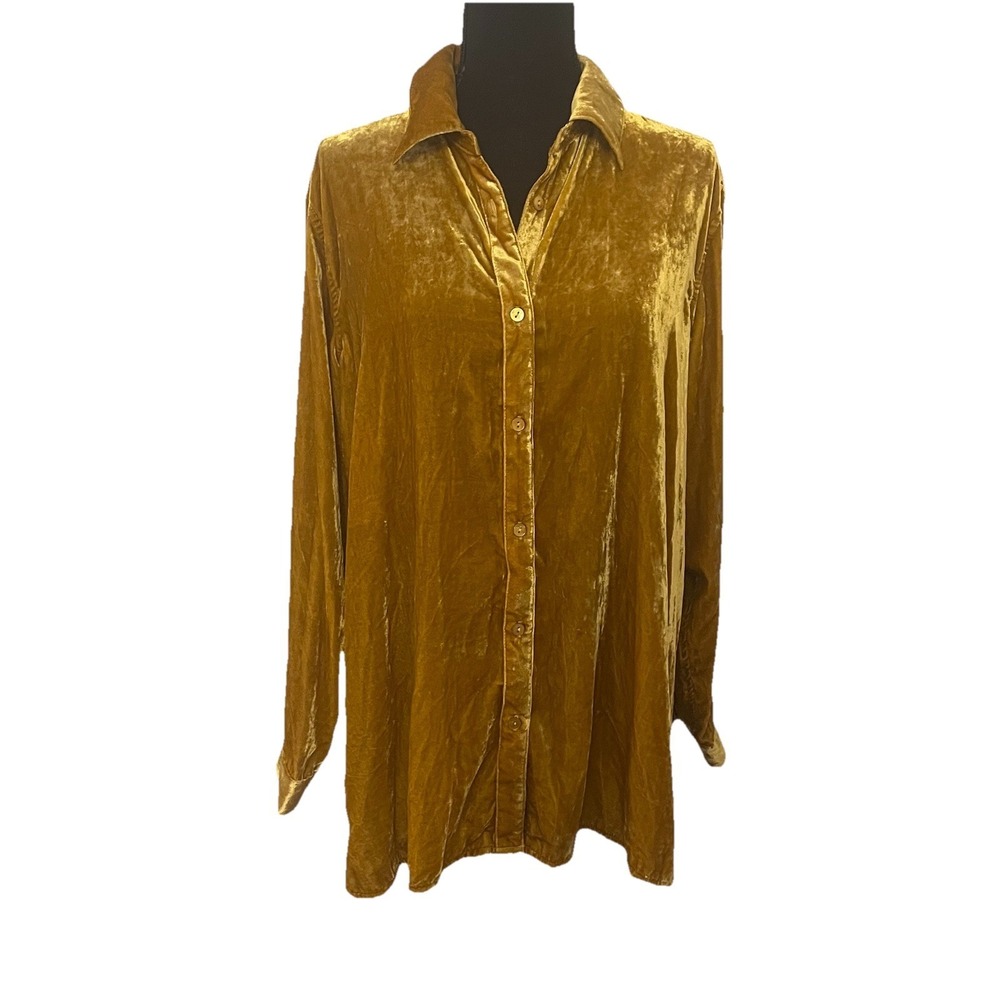 JOHN MARK Velvet Shirt Womens Sz L Marigold Long Sleeve Button Up Blouse Top